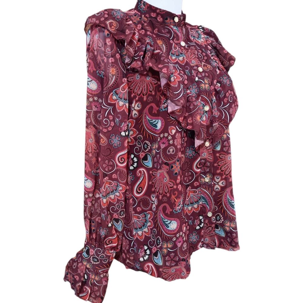 Ruffled Victorian‎ Style Blouse Top LG Ruffles Feminine Retro Burgundy Peacock
